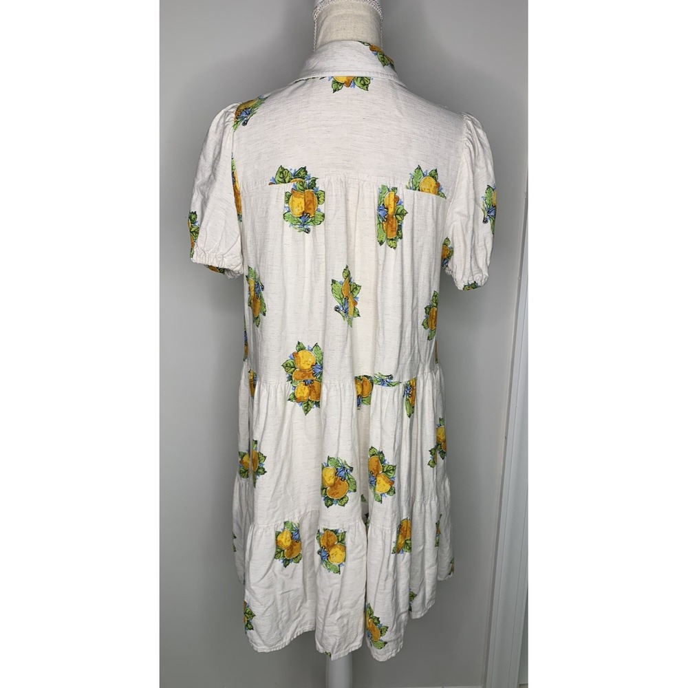 Jane + Delancey Short Sleeve Mini Dress Pockets Fruit Lemon Vacation M Linen Ble - Picture 3 of 11